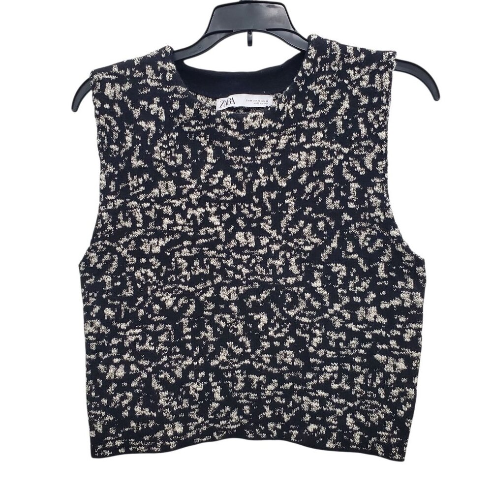 Zara Women's Black White Multi Stretch Knit Sleeveless Cropped‎ Jumper Size M